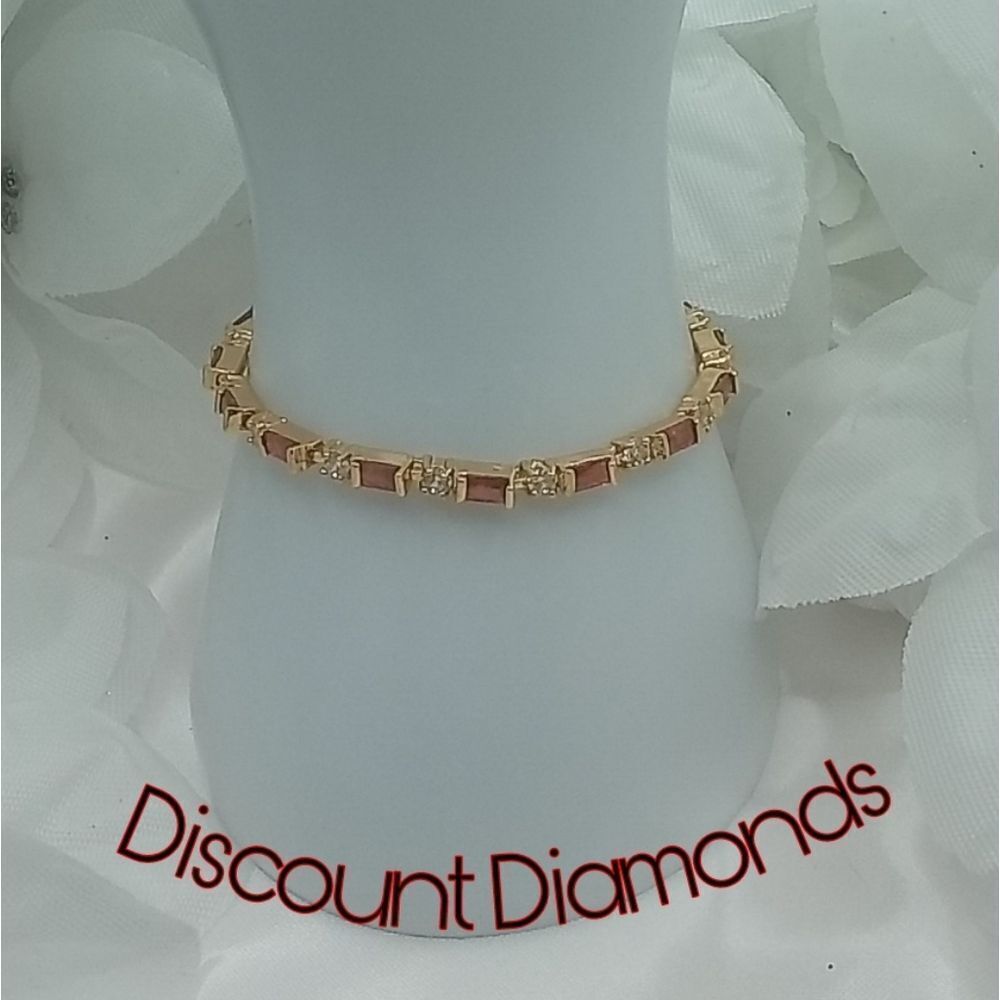 Red & White Diamond Bracelet 14K Gold on 925 Silver